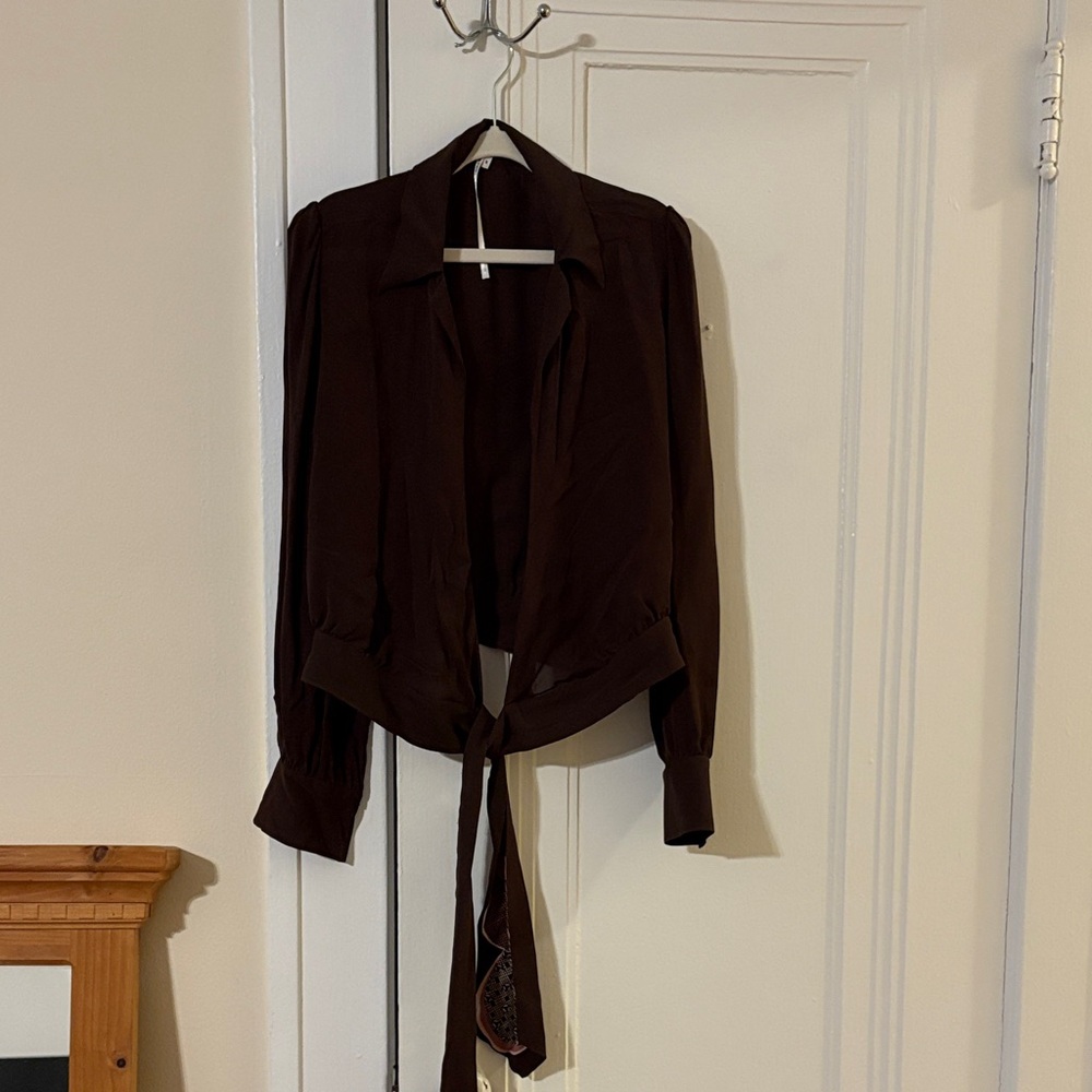 Max Studio Women's 100% Silk Tie Front Brown Blouse